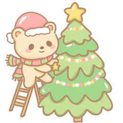 Cute kawaii bear decorating a christmas tree. Hand-drawn with soft pastel colors, perfect for winter cards, stickers, crafts, and seasonal designs. Transparent background.