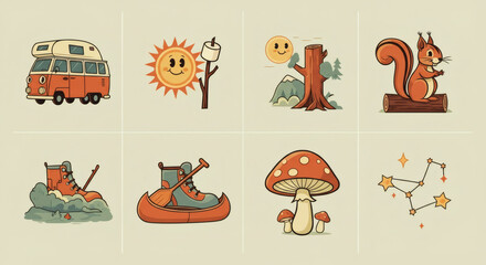 Retro Camping Illustrations Van, Squirrel, Mushroom, Hiking Boots & More
