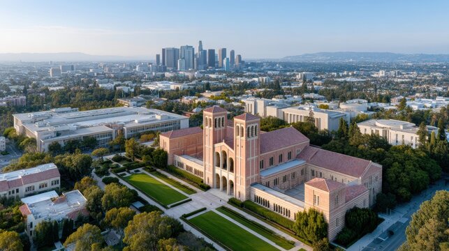 Aerial view of UCLA Royce Hall showcasing Romanesque architecture and manicured lawns, highlighting academic prestige in Westwood urban landscape