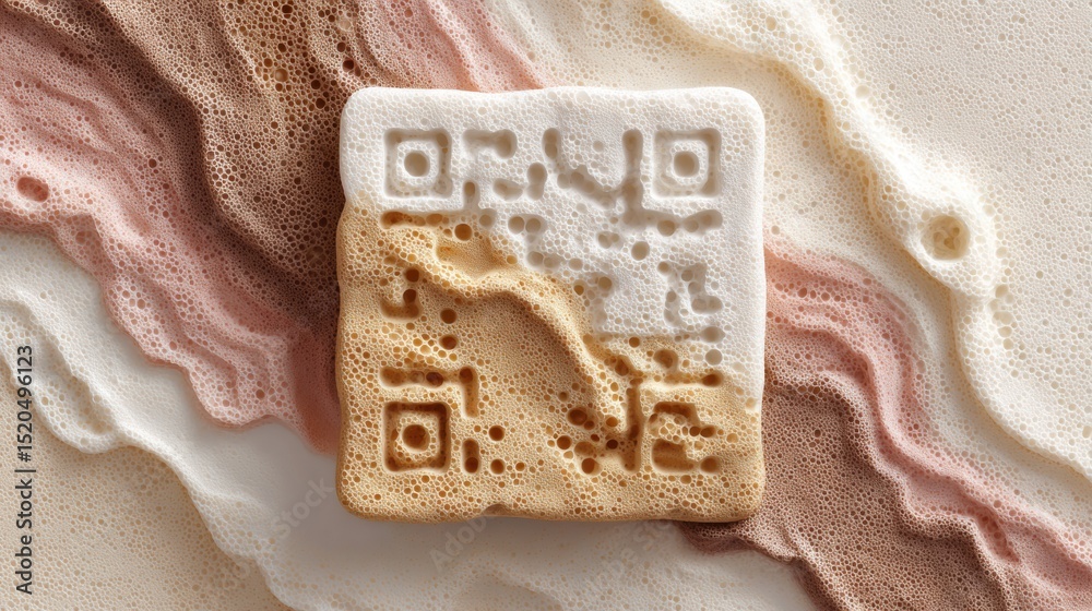 Poster modern qr code design in textured foam with creamy and sandy beige tones symbolizing innovative digi