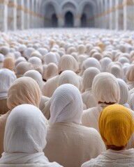 Obraz premium Social Cultural Gathering of Pilgrims in Traditional White Garments Inside Historic Mosque Interior Evoking Unity and Spiritual Reflection