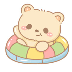 Cute kawaii bear sitting in a colorful swim ring. Hand-drawn pastel perfect for summer cards, beach party invites, stickers, and digital crafts. Transparent background included.