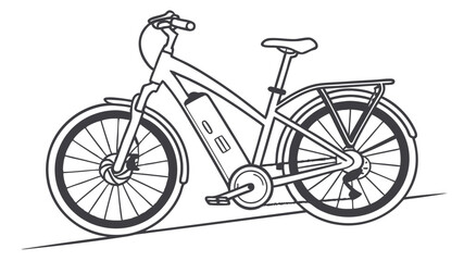 A line drawing of an electric bicycle with a battery pack and a rear rack on a white background