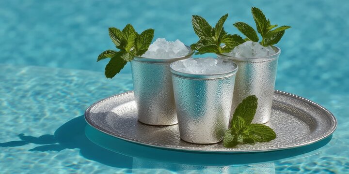 Elegant Mint Julep in Traditional Silver Cups on Tray by Pool - Upscale Southern Hospitality and Premium Event Catering Service Trend