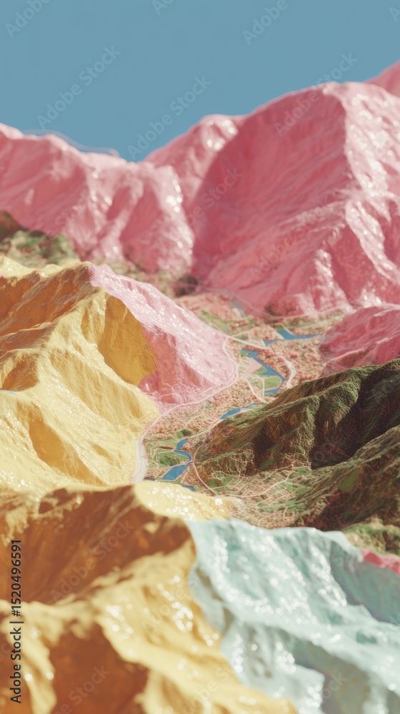 Poster Geospatial Model of Mountainous Terrain with Urban Development Highlighting Elevation Contours for Advanced City Planning and Sustainable Infrastructure Design