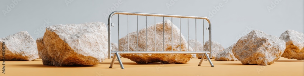 Poster industrial steel crowd control barrier with interlocking design on neutral background - portable sec