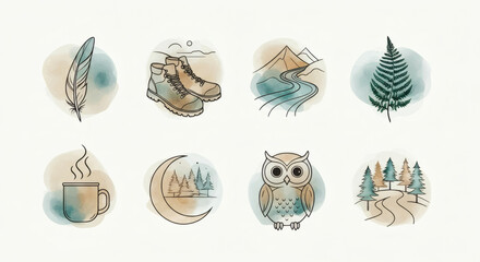 Watercolor Nature Icons Hiking, Camping, Owl, Mountains, Feather
