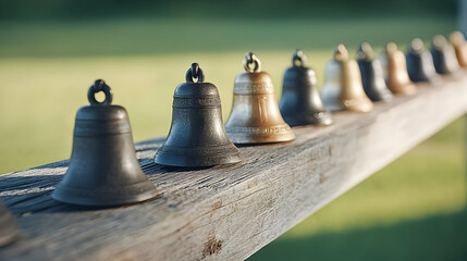 Row Of Vintage Metal Bells On Wooden Beam