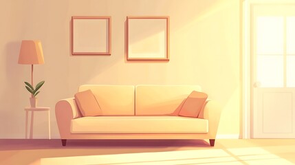 Beige living room interior scene with sunlight streaming in.