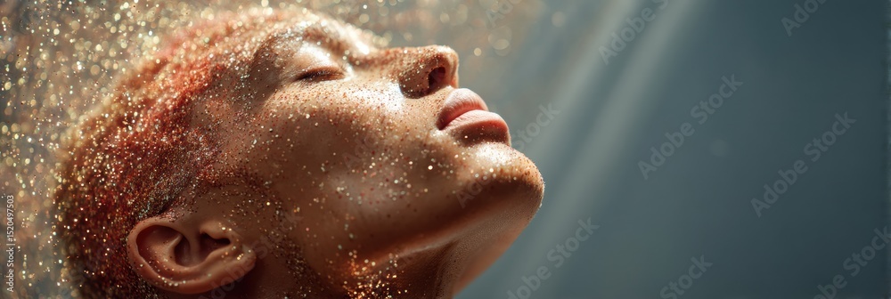 Poster futuristic portrait of woman with digital holographic overlay and data streams representing human au
