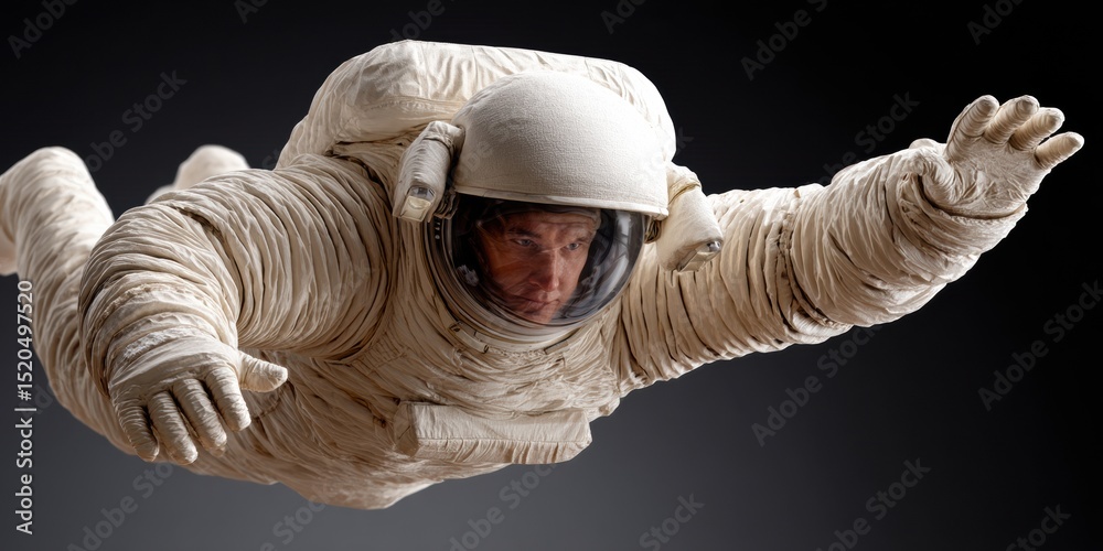 Poster Astronaut in Detailed Spacesuit Floating with Arm Extended on Isolated Background Futuristic Space Exploration and Inspirational Achievement Concept
