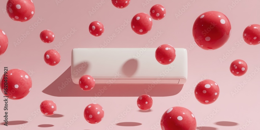 Poster wall-mounted air conditioning unit with floating virus particles in airflow representing indoor air 