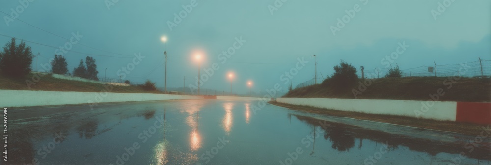 Poster moody twilight race circuit with wet track and reflective surface under storm clouds dramatic motors