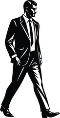 Confident Businessman Walking, Black and White Vector Illustration of Man in Suit