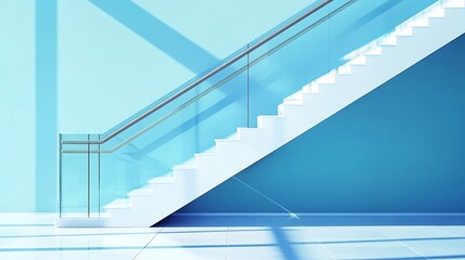 Obraz premium Modern staircase with glass railing against a light teal wall.