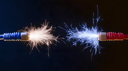 Intertwined red and blue electrical wires sparking with energy