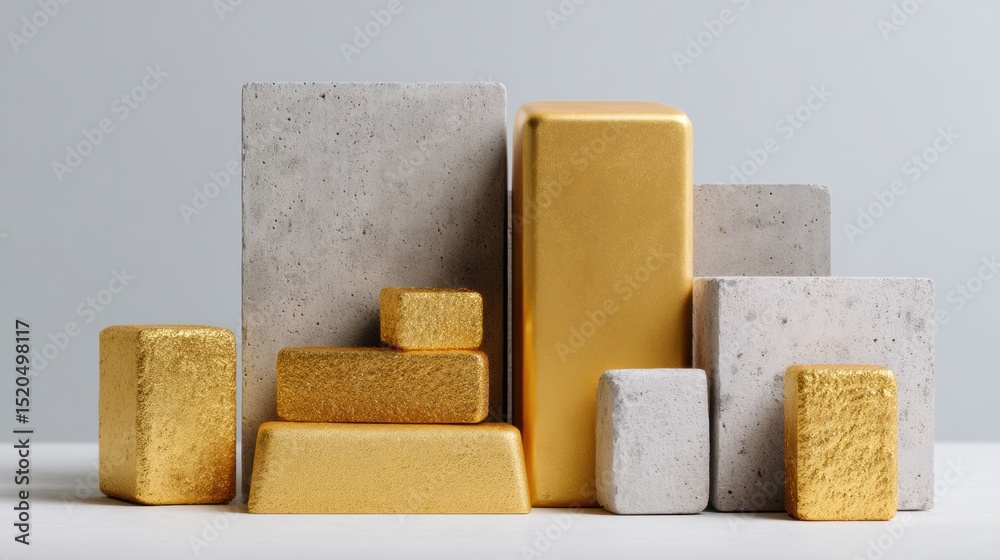 Poster Premium Tangible Asset Gold Bars Arranged Hierarchically with Concrete Blocks on Neutral Surface for Wealth Preservation and Investment Security