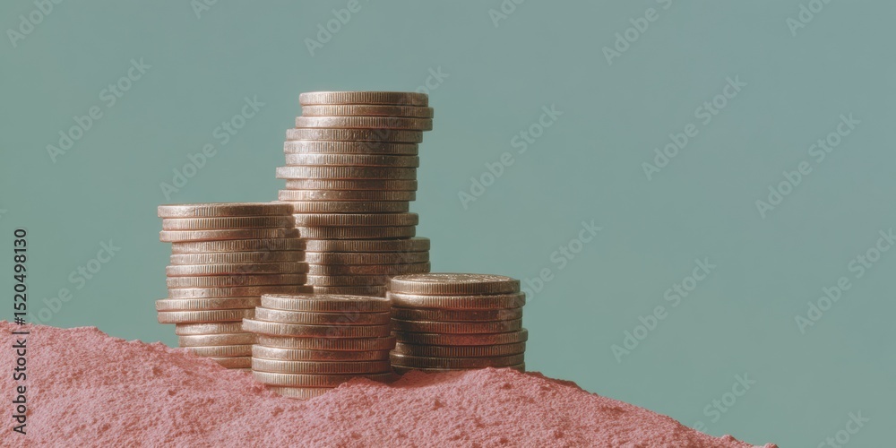 Poster stacked coin towers on textured desk surface symbolizing disciplined saving strategy and accumulated