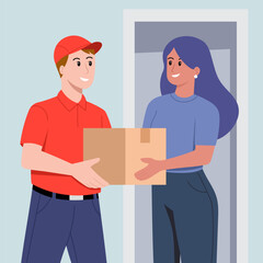 Illustration of a Fast and Reliable Package Delivery A Smiling Courier Hands Over a Package to a Happy Customer