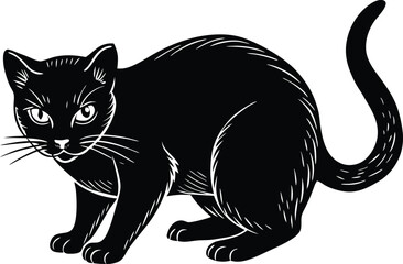 Crouching Black Cat Silhouette Vector, Alert Feline Animal Illustration