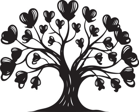 Artistic Heart Tree Silhouette with Sketch Style Leaves &ndash; Black and White Love Vectorheart tree silhouette, artistic tree vector, hand-drawn heart leaves, love tree illustration, romantic tree design,