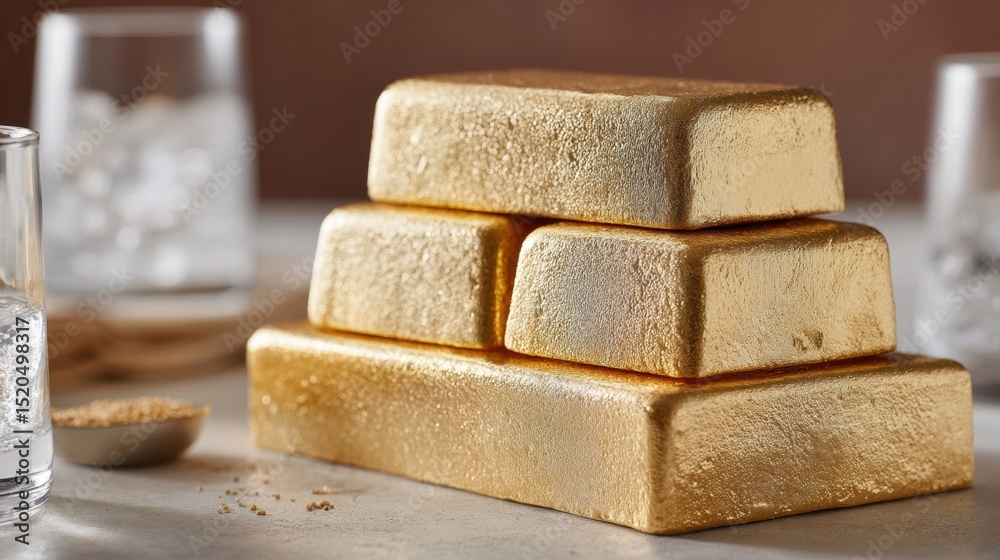 Poster precisely stacked gold bars showing textured surfaces with stamped details representing strategic re