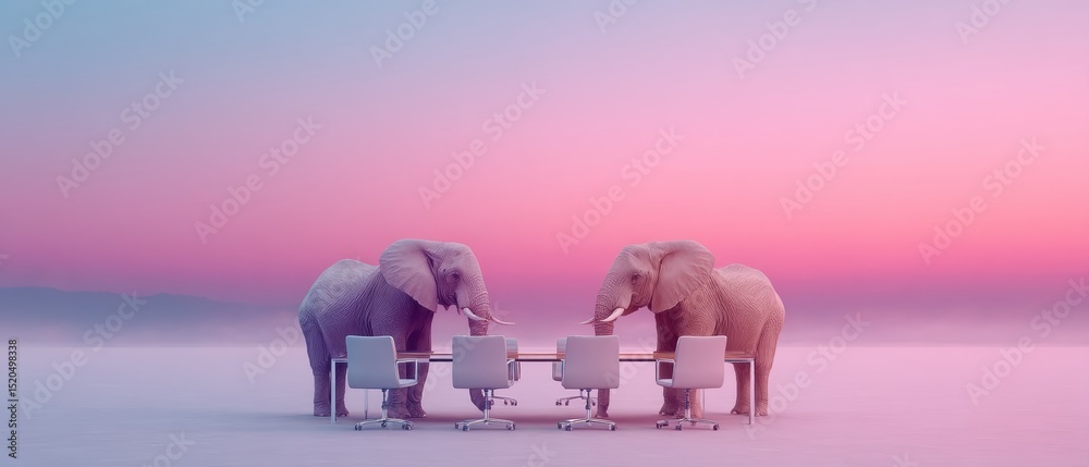 Poster strategic alliance concept with elephants in minimalist boardroom setting symbolizing wisdom and lea