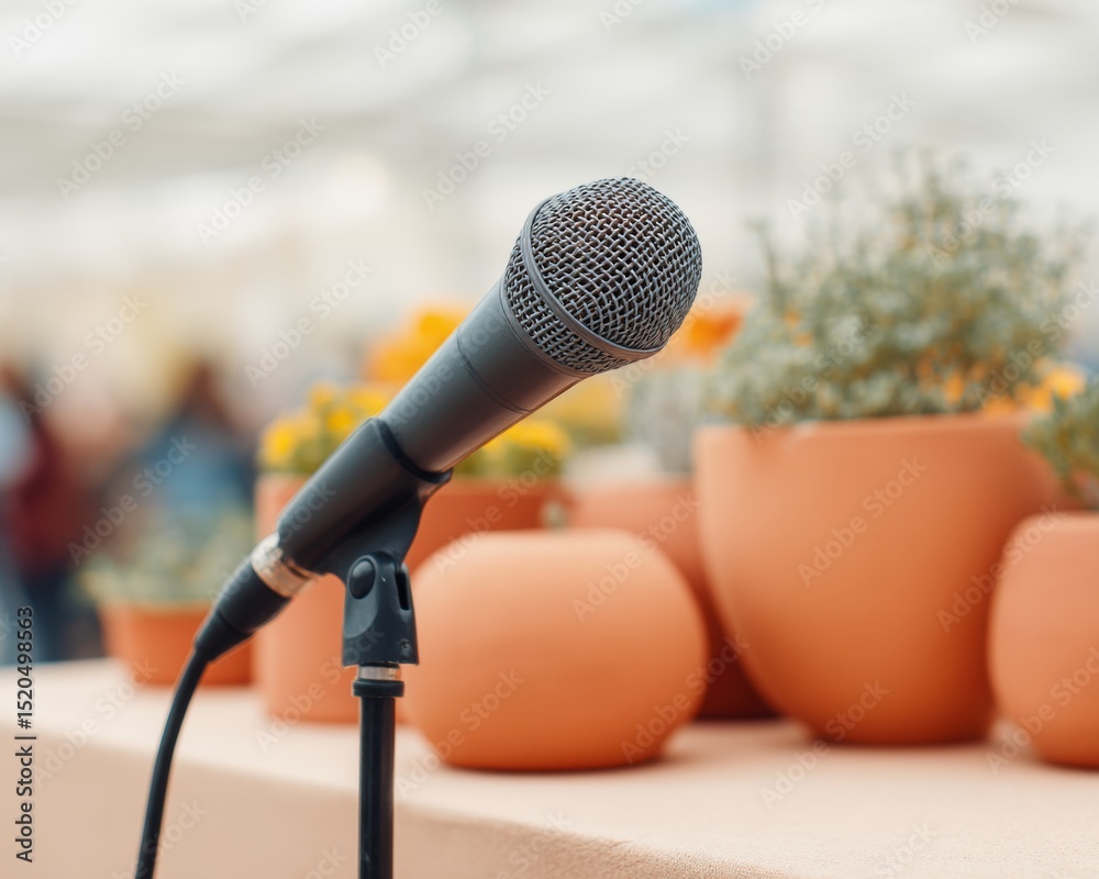 Poster professional microphone on stand with subtle sponsor branding at event, highlighting audio-visual su