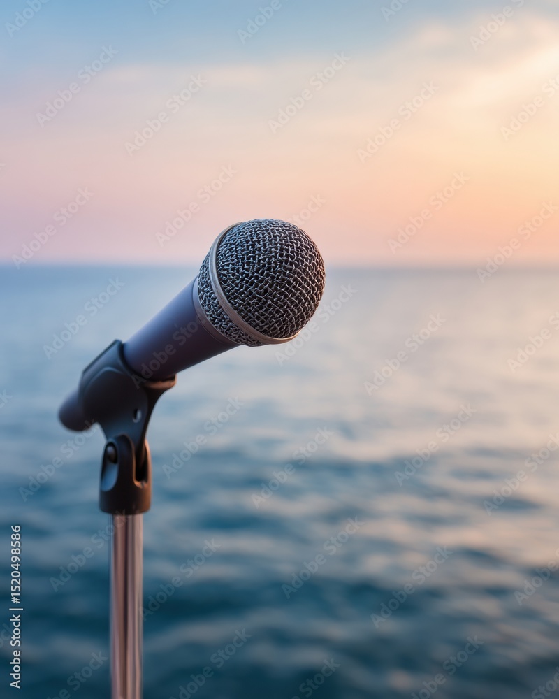 Aufkleber professional microphone on stand with subtle sponsor logo against serene ocean backdrop at business 