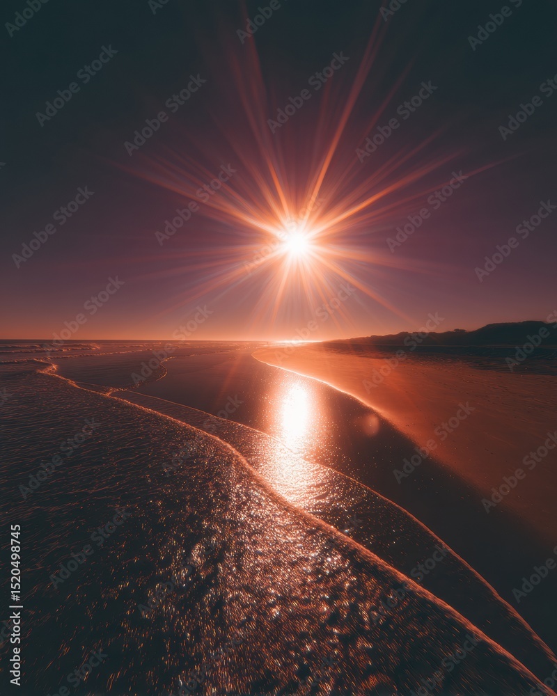 Poster dramatic solar burst over seaside shoreline with reflective light sparkles capturing celestial inspi