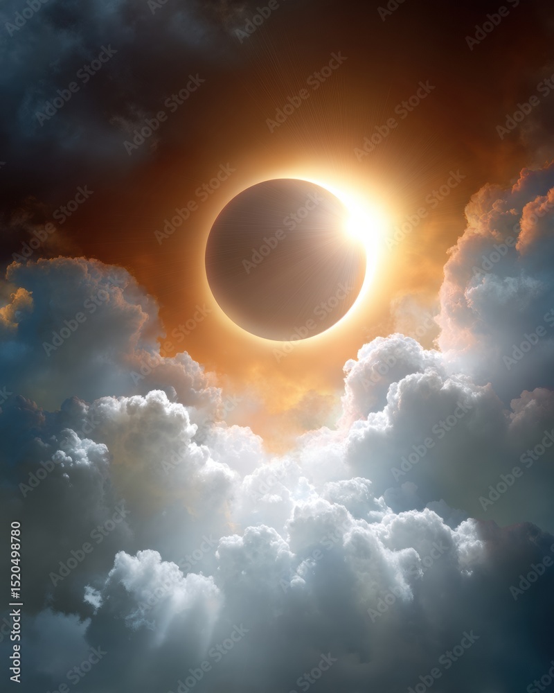 Aufkleber dramatic total solar eclipse with diamond ring effect and atmospheric clouds symbolizing cosmic harm