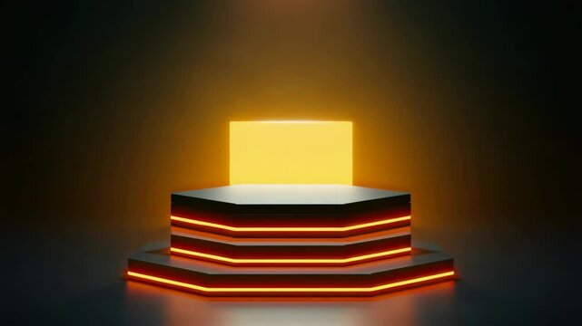 Hexagonal podium with glowing orange lines on a dark background