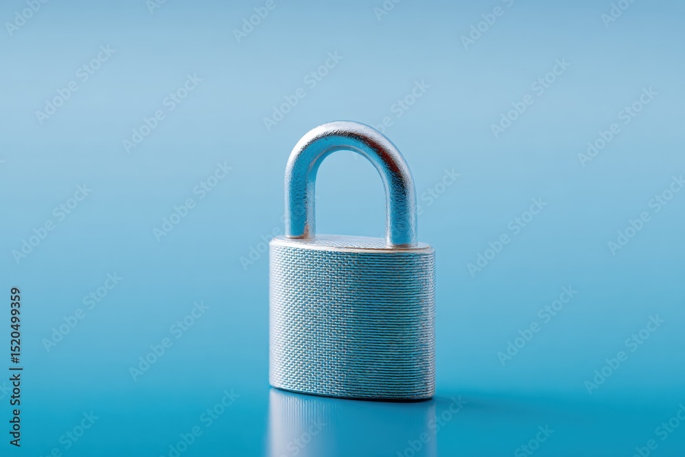 Poster Minimalist Metallic Padlock with Textured Surface on Soft Blue Background - Classic Security Device for Physical Protection and Modern Safety Marketing