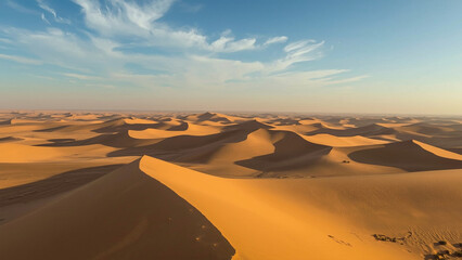 A stunning view of golden sand dunes extending under a bright blue sky, capturing the beauty of the desert landscape.