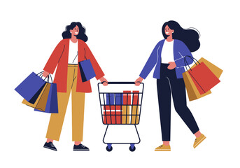 Shopping Spree: Two Women with Cart and Bags