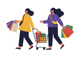 Shopping Spree: Two Women with Cart and Bags Illustration