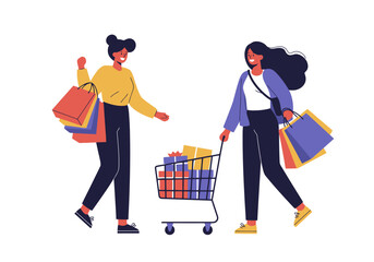 Shopping Spree: Two Women with Cart and Bags