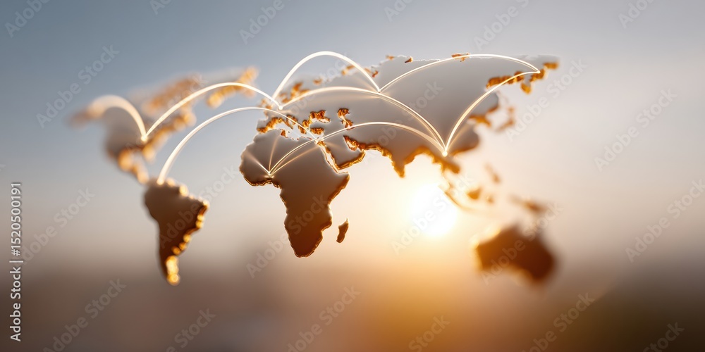 Poster digital globe with export tariff trade routes and currency symbols over urban skyline global commerc