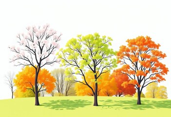 Simple vector illustrations of trees in spring blossom, summer green, and autumn orange foliage, clipart, branch