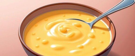 Simple vector illustration of a bowl of creamy corn porridge with a spoon,  wholesome,  bowl