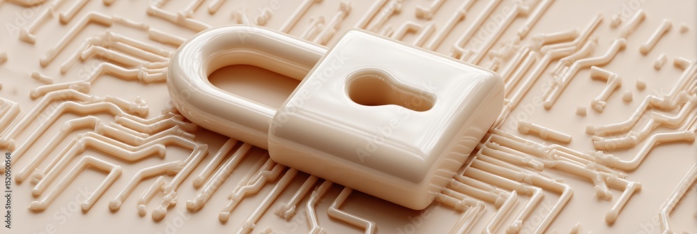 Poster Futuristic Metallic Lock Icon Embedded on Circuit Board with Intricate Microchip Design for Cybersecurity and Data Protection Solutions