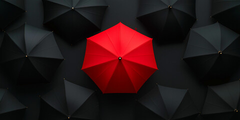 Red umbrella standing out from crowd of black umbrellas