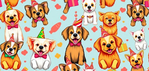 Obraz premium Colorful seamless pattern featuring playful dogs with party hats and gifts, bow, cute