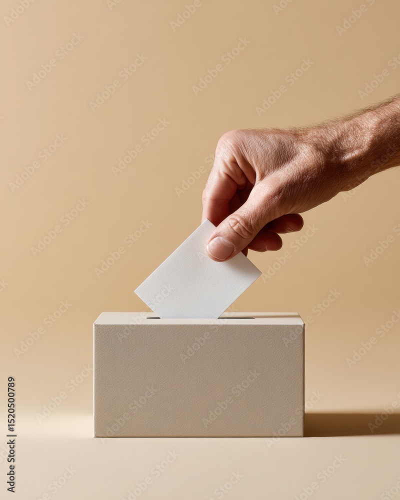 Poster minimalist voting box with paper ballot and hand inserting vote, symbolizing civic responsibility an