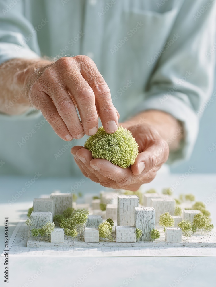 Poster sustainable urban planning with architectural scale model and greenery integration for community-cen