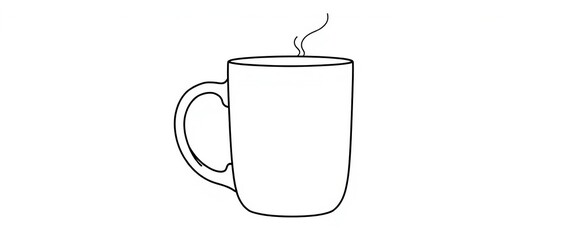 Simple line drawing of a coffee mug, handle visible, isolated on white background,  drink,  object