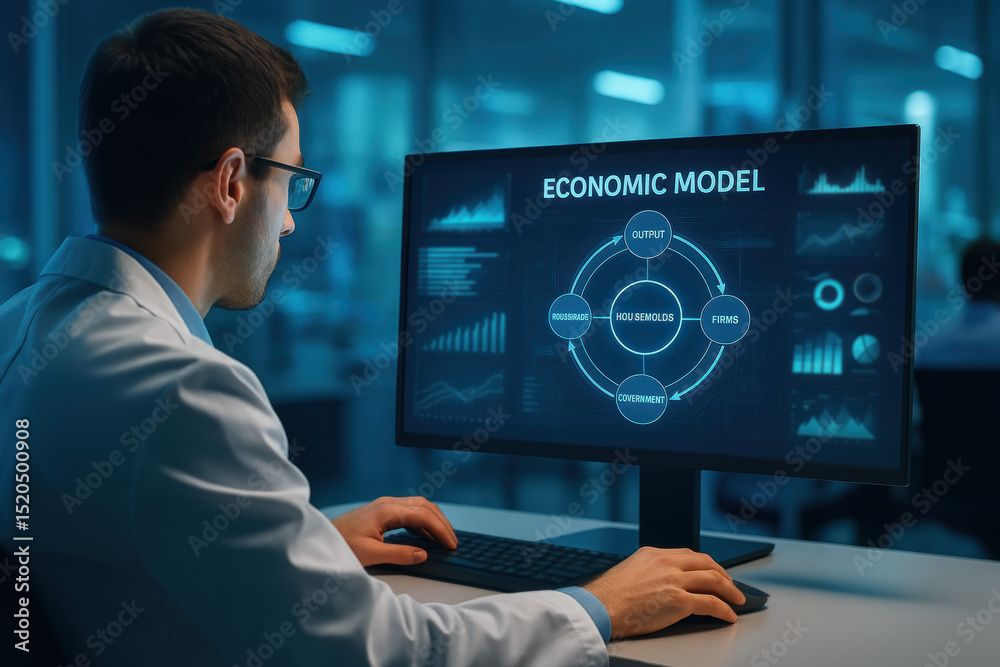 Poster scientist analyzing economic model graphs on computer screen in modern laboratory setting