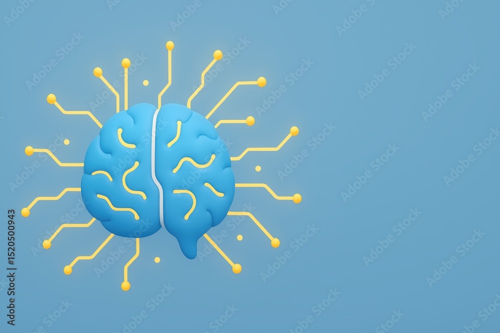 Poster colorful 3d brain with circuit lines representing artificial intelligence and technology concepts
