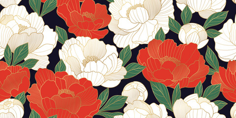 Chinese luxury seamless pattern with oriental peony flowers and leaves. Asian vector background of gold lines art texture. Design illustration for wallpaper, card, poster, packaging, advertising © Valedi 