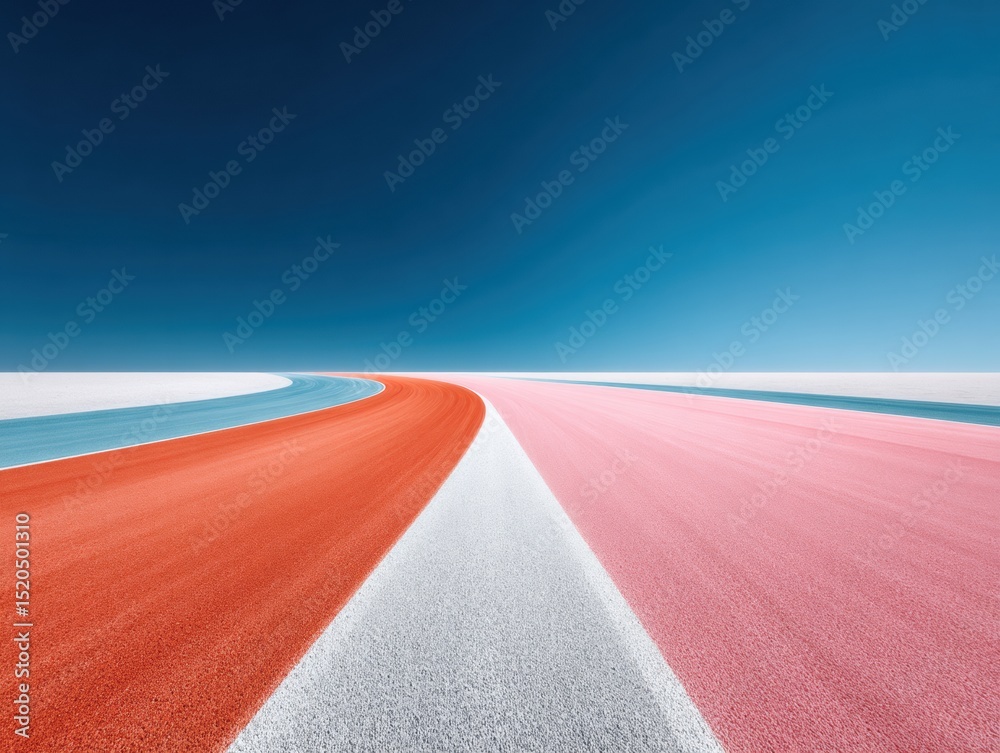 Poster Abstract racing circuit with vibrant colored asphalt and smooth curvature under clear blue sky - modern motorsport texture for dynamic branding and digital use